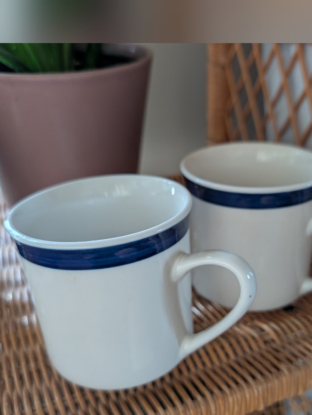 Vintage Set Of 2 Everyday Gibson USA Small Coffee Mugs Ceramic White W/ Blue Rim